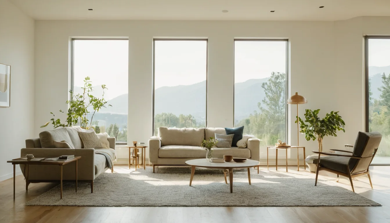 A bright modern living room with large windows overlooking mountains and trees filled with natural light and green plants.