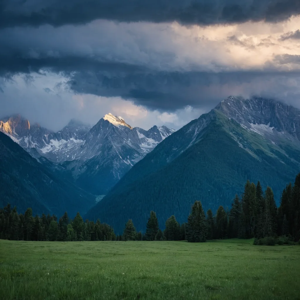 A green meadow with pine trees leads to snow-capped mountains under dramatic storm clouds.