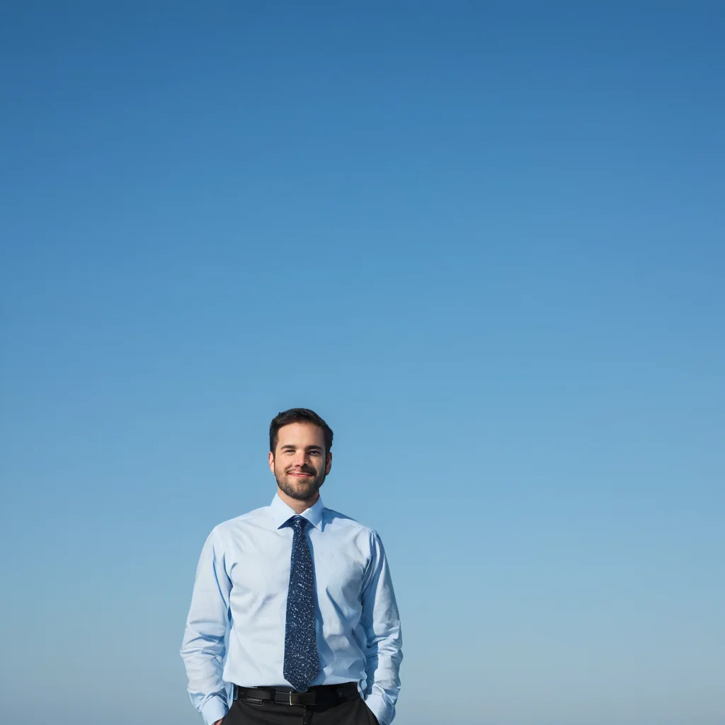 A man in a blue shirt and tie smiling against a clear blue sky