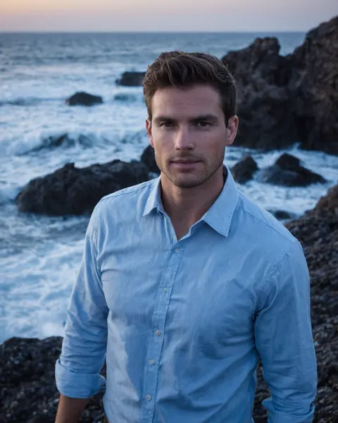 A man in a blue shirt standing on a rocky beach with ocean waves behind him at dusk.
