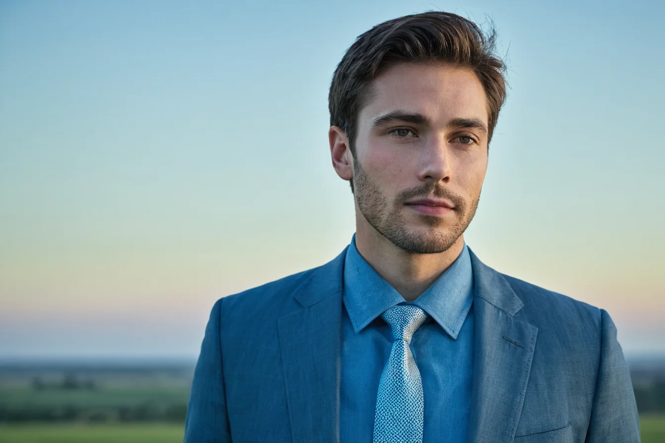 A man in a blue suit and tie standing outdoors at dusk with a calm expression.