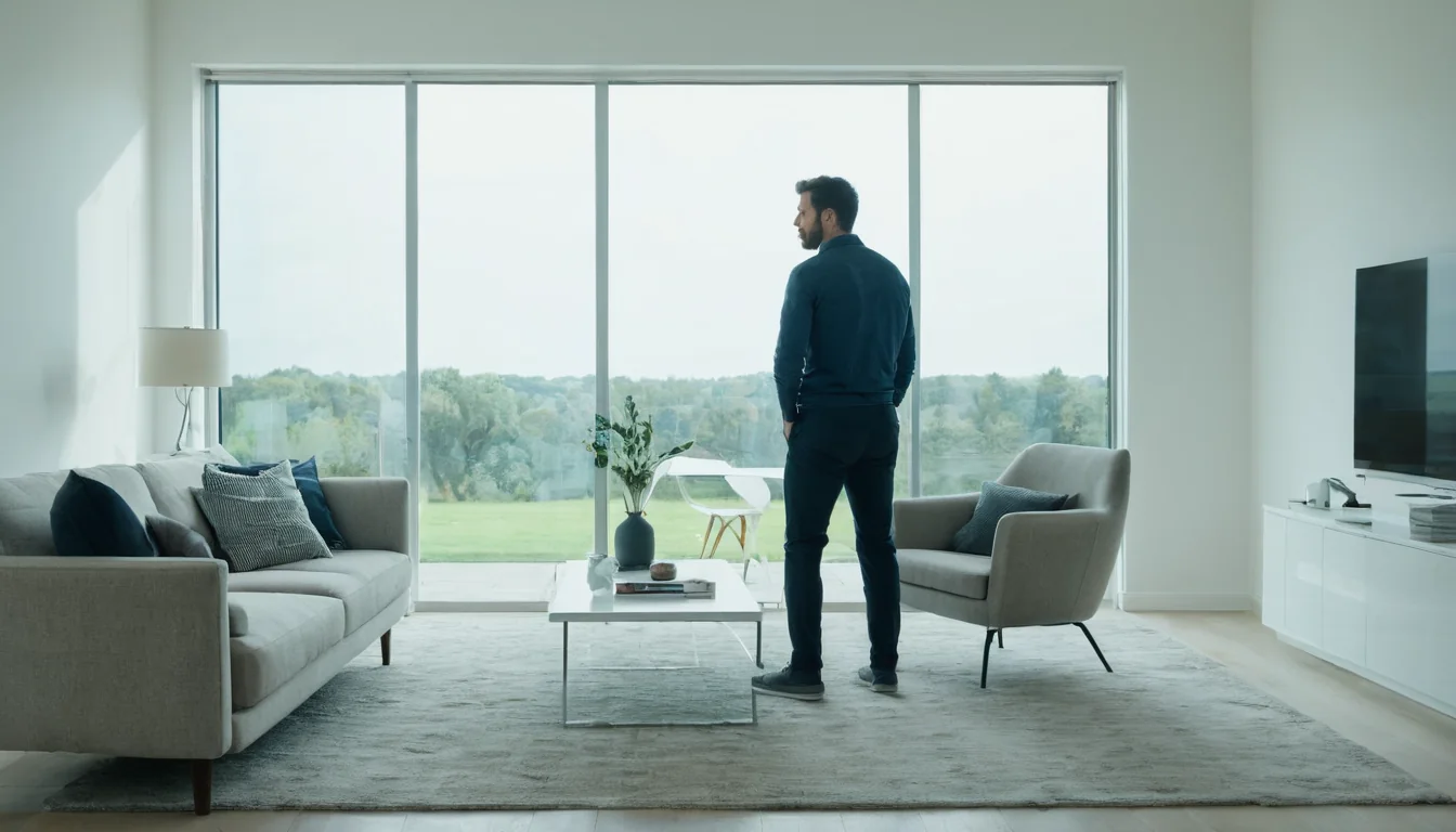 A man standing by a large window in a modern living room looking outside at a green field.