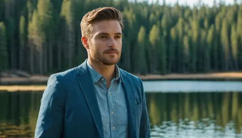 A man wearing a blue blazer and shirt stands by a lake with a forest in the background.