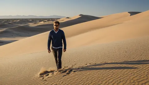 A man wearing sunglasses and a blue sweater walks across rippled sand dunes in a desert landscape.