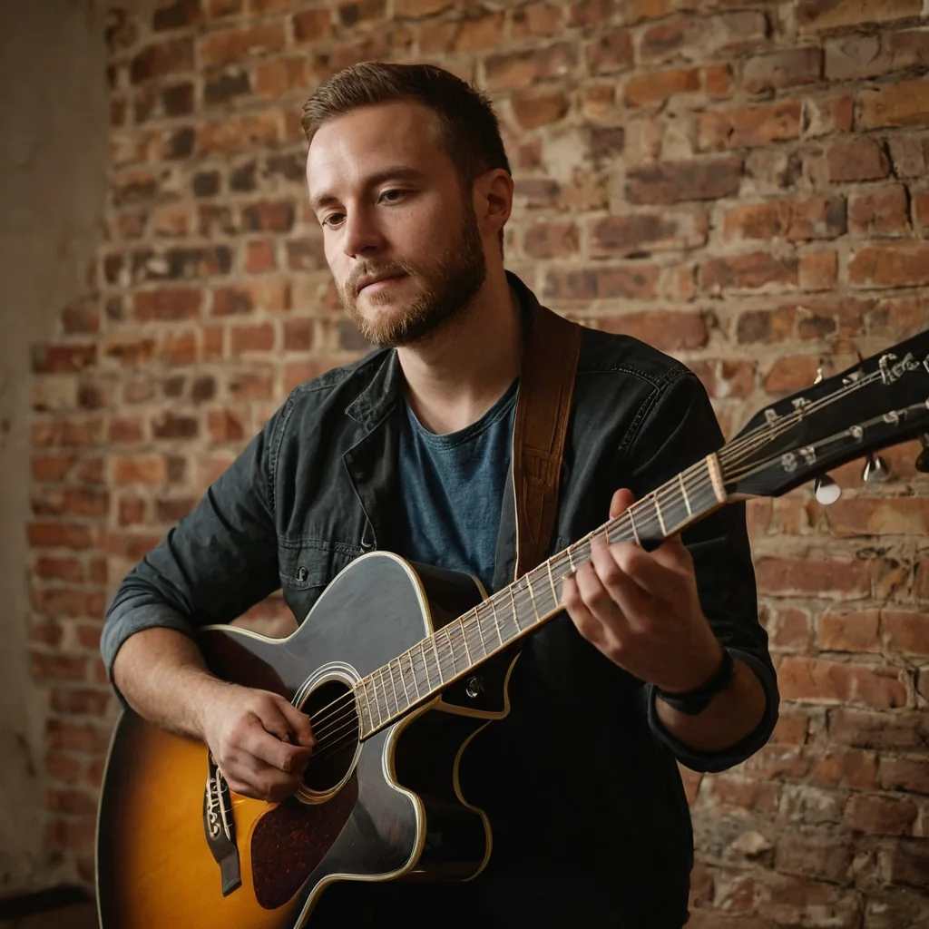 A man with a beard plays an acoustic guitar in front of a brick wall.