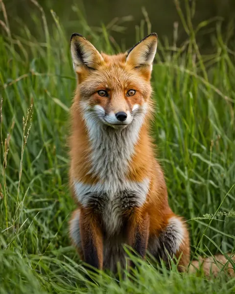 A red fox sitting in tall green grass staring directly at the camera
