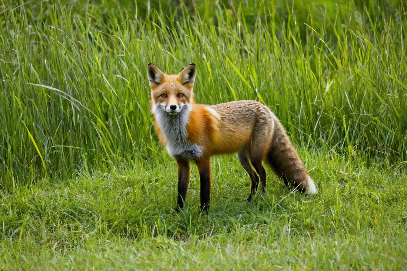 A red fox standing in tall green grass looking forward