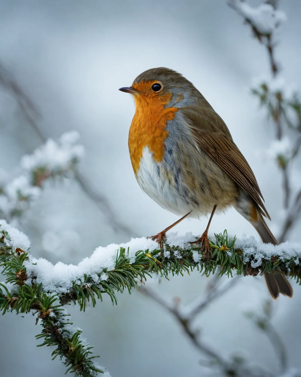A robin with orange breast perched on a snowy pine branch in winter.