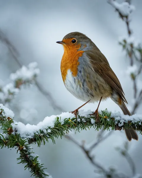 A robin with orange breast perched on a snowy pine branch in winter.