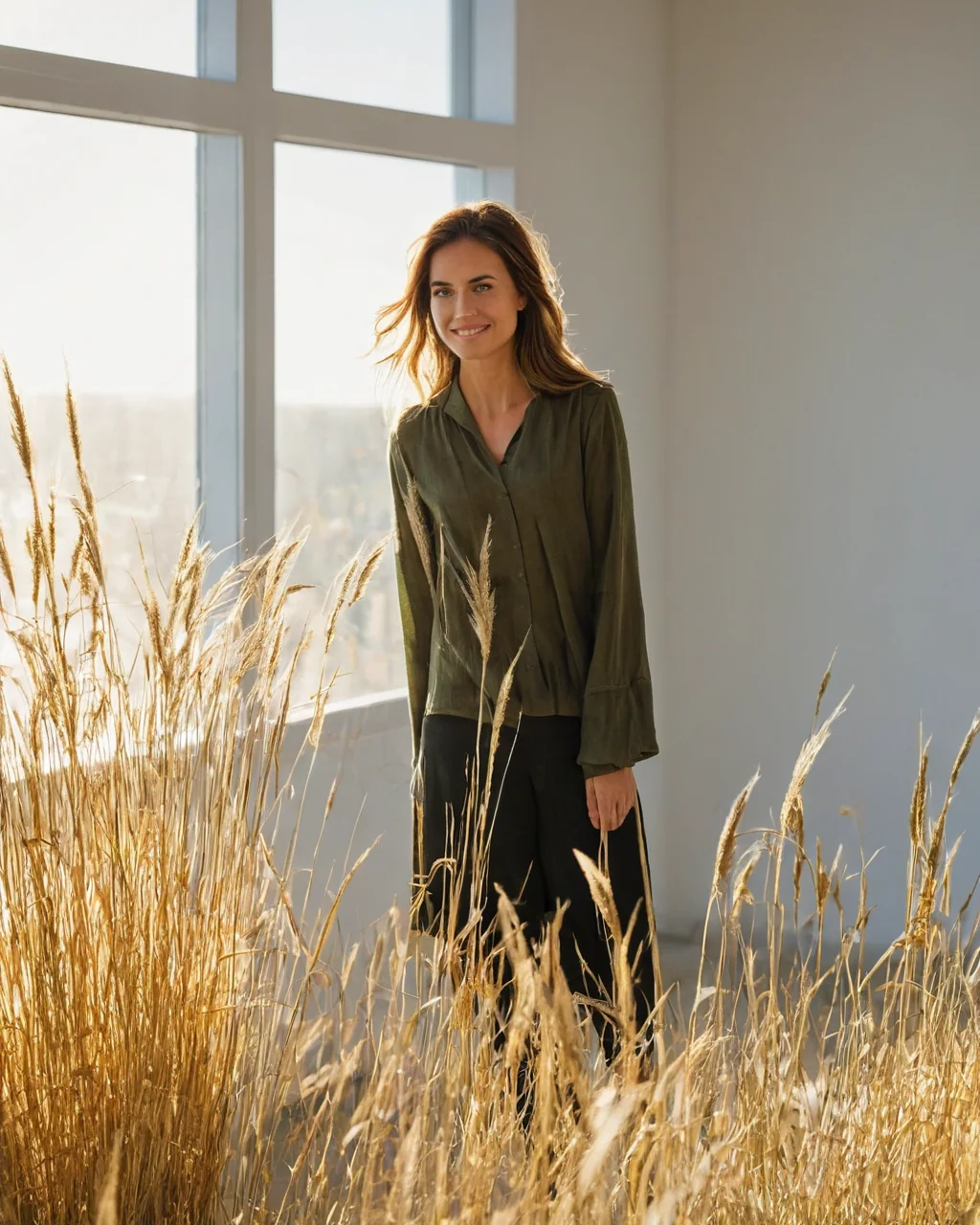 A smiling woman in an olive shirt stands among golden wheat inside a bright room with large windows.