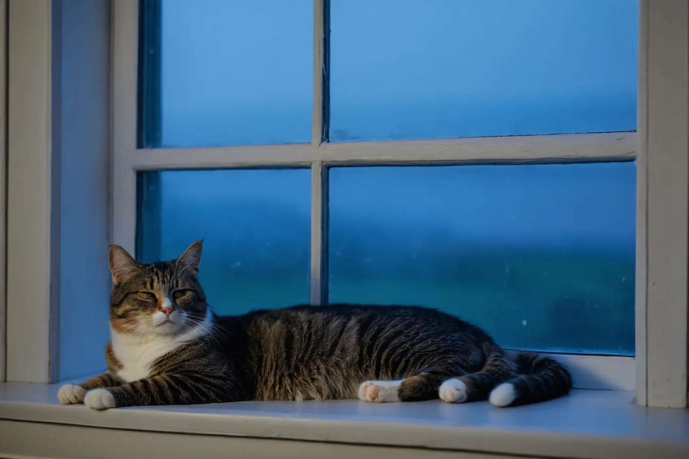 A tabby cat with white paws rests calmly on a white windowsill during twilight.