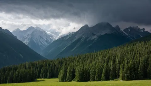 A vast mountain range with snow-capped peaks towers over a dense forest and green meadow under a stormy sky.