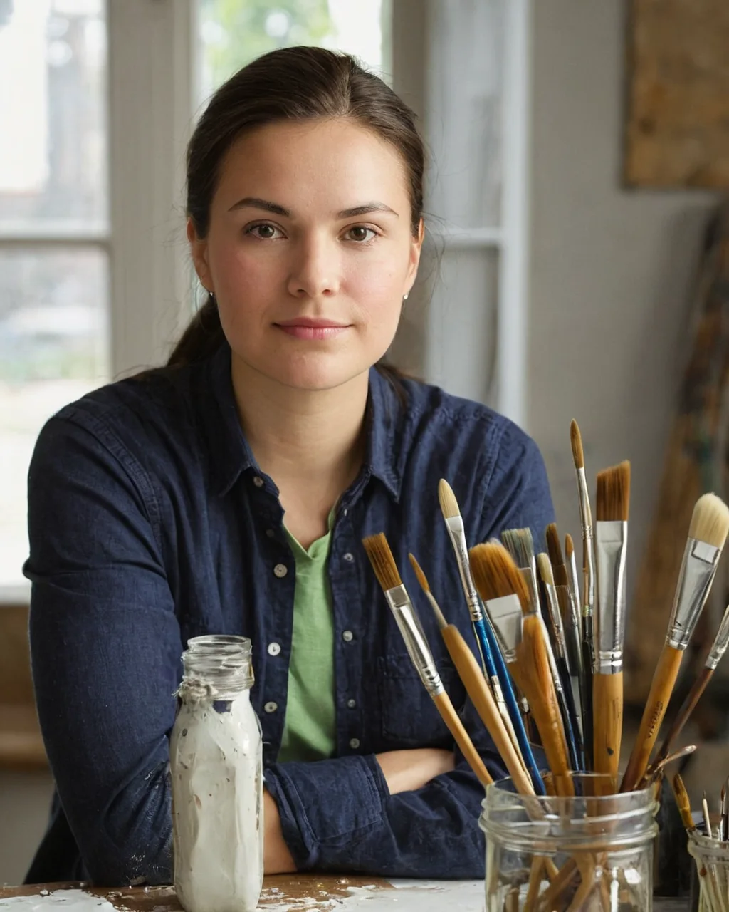 A woman artist in a studio surrounded by paintbrushes and paint jars.