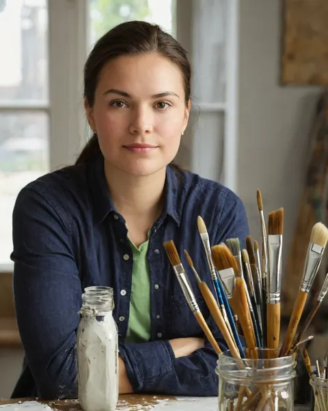 A woman artist in a studio surrounded by paintbrushes and paint jars.