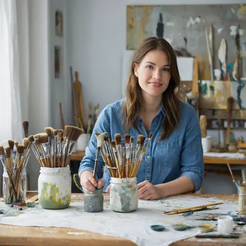 A woman artist smiles while surrounded by paintbrushes and art supplies in her studio.