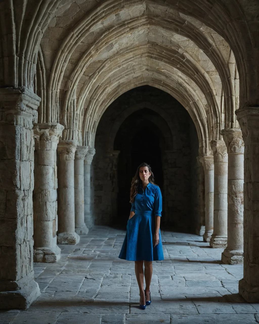 A woman in a blue dress stands in a stone cloister with arched walkways.