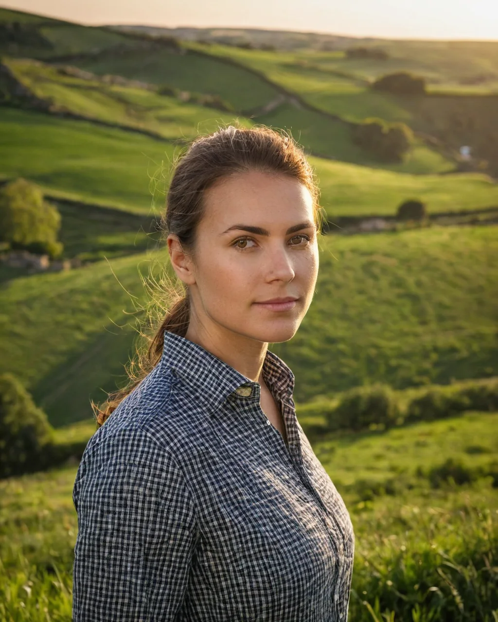 A woman in a blue plaid shirt stands in a sunlit green valley with rolling hills and stone walls behind her.