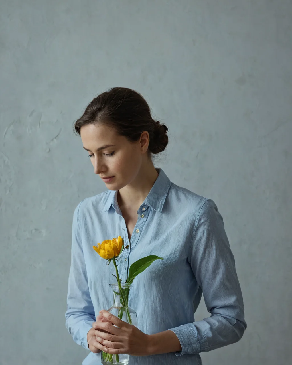 A woman in a blue shirt holds a vase with a yellow tulip against a gray wall.