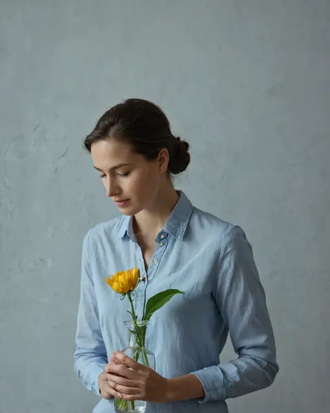 A woman in a blue shirt holds a vase with a yellow tulip against a gray wall.
