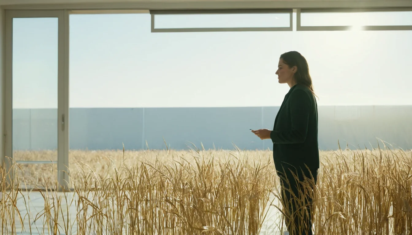 A woman in a dark suit stands inside a glass-walled structure surrounded by tall golden wheat stalks under bright sunlight.