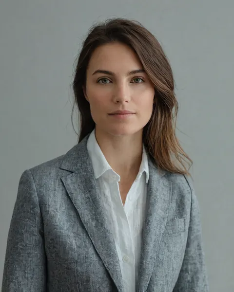 A woman in a gray blazer and white shirt looking at the camera with a neutral expression.