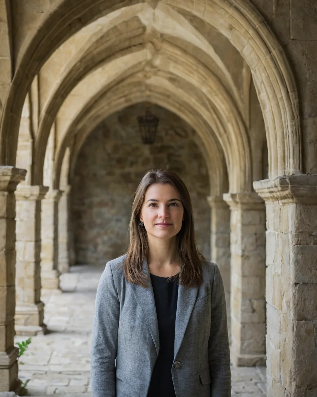A woman in a gray blazer stands under a stone archway in a historic cloister.
