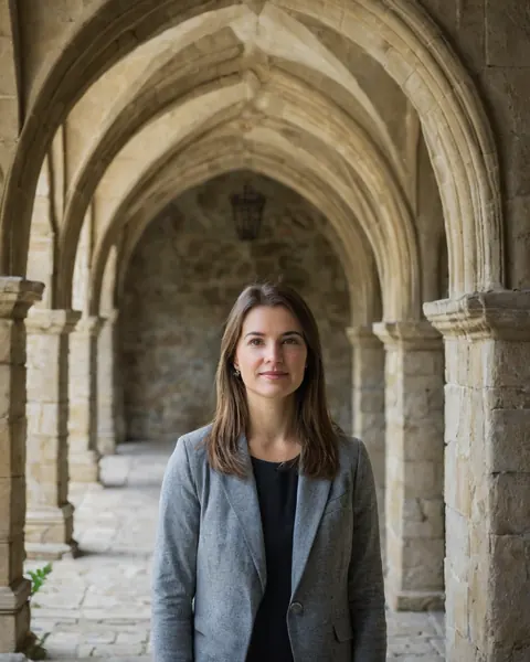 A woman in a gray blazer stands under a stone archway in a historic cloister.