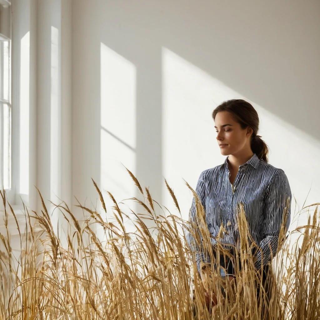 A woman in a striped shirt stands calmly among tall golden wheat stalks inside a sunlit white room with window beams casting shadows.