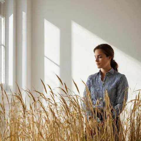 A woman in a striped shirt stands calmly among tall golden wheat stalks inside a sunlit white room with window beams casting shadows.