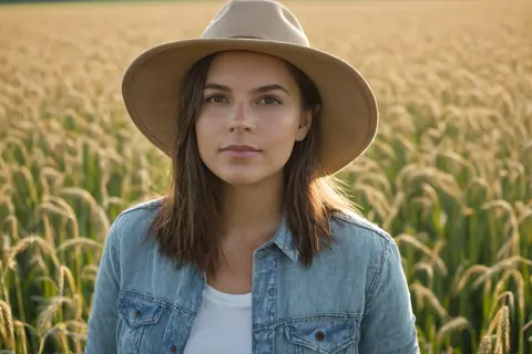 A woman wearing a hat and denim jacket standing in a wheat field at sunset.