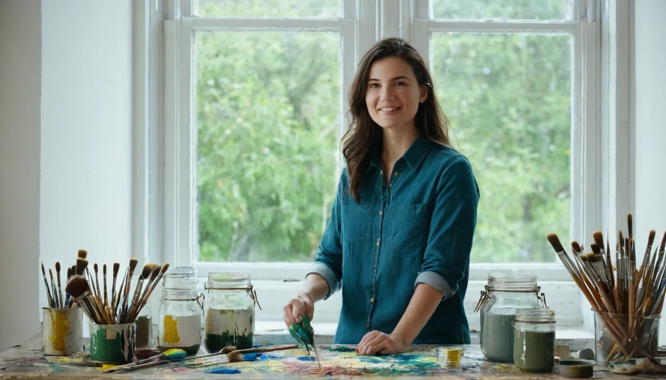 Artist mixing green paint at a messy studio table near a window