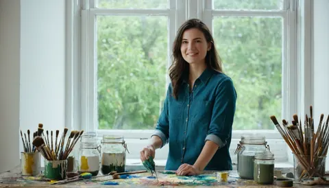 Artist mixing green paint at a messy studio table near a window