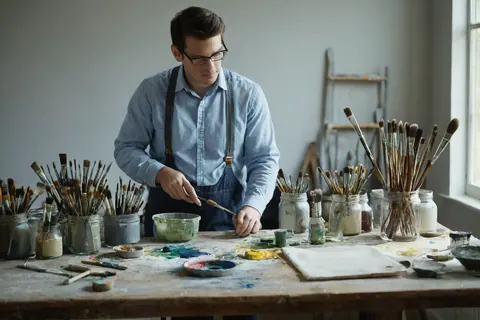 Artist mixing paint on a cluttered wooden table with brushes and jars