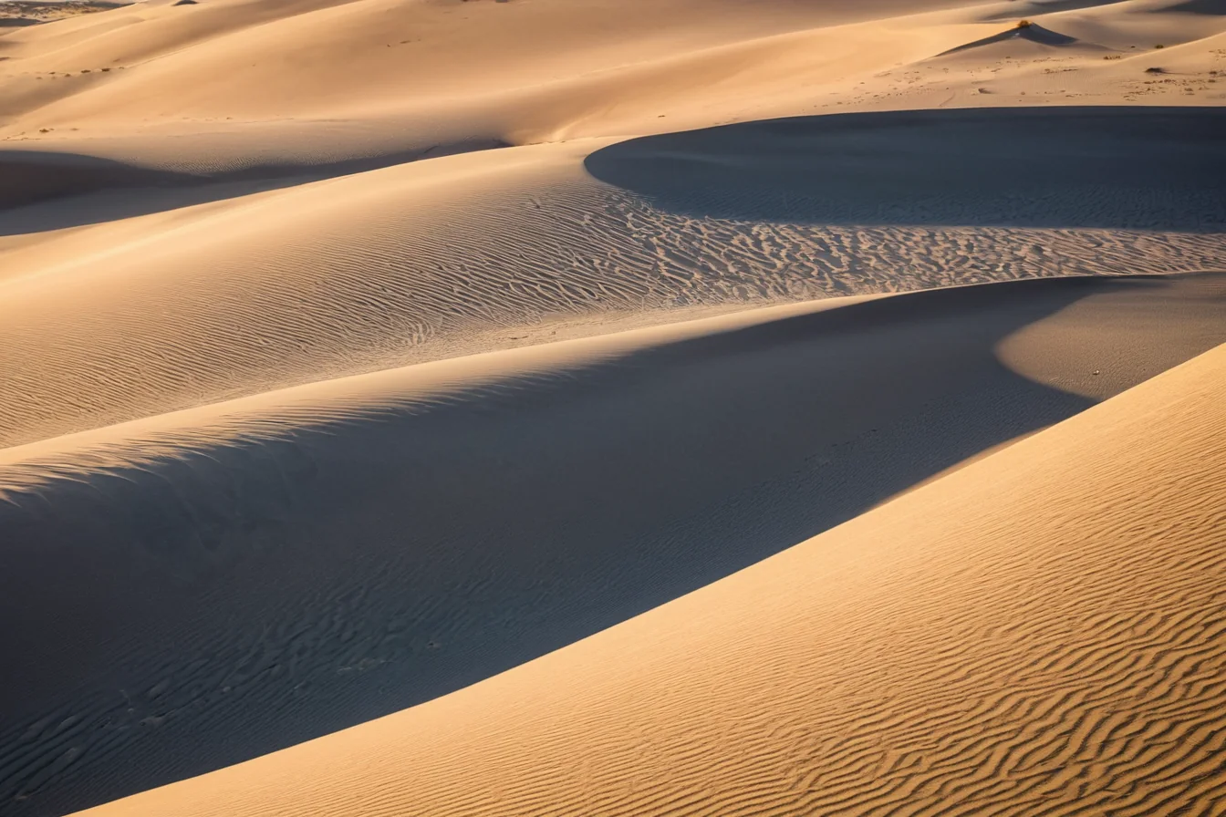 Curved sand dunes with rippled textures bathed in golden sunset light and deep shadows.