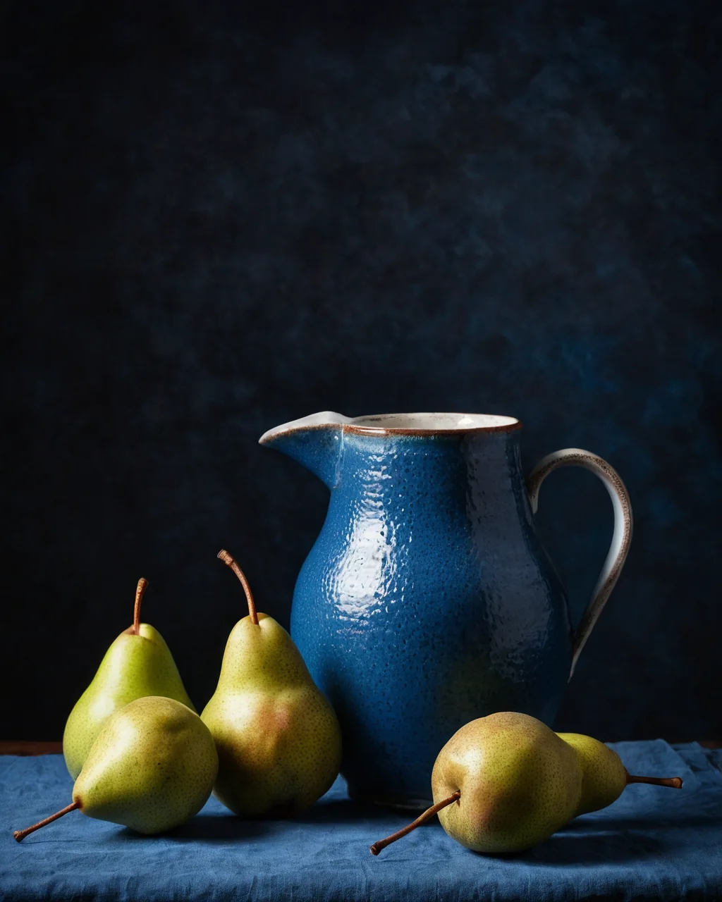 Five pears and a blue ceramic pitcher on a blue cloth against a dark background.