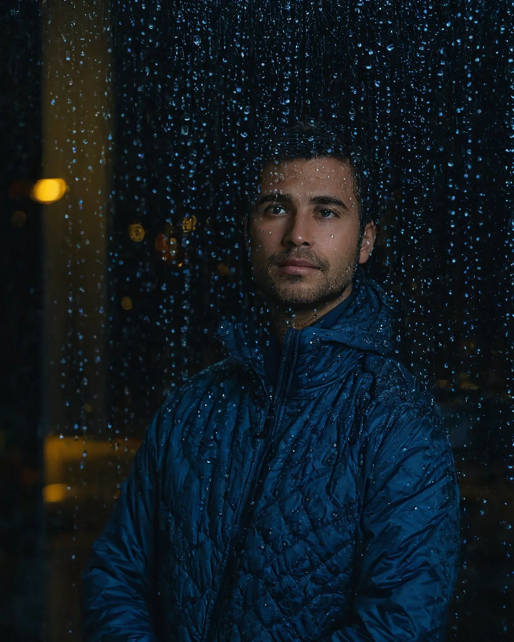 Man in blue jacket looking through rain-streaked window at night with blurred lights behind him.