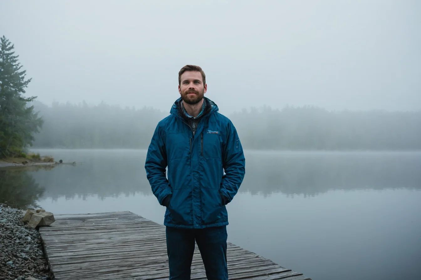 Man in blue jacket standing on wooden dock beside misty lake with trees in background