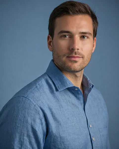 Man in blue linen shirt against blue background