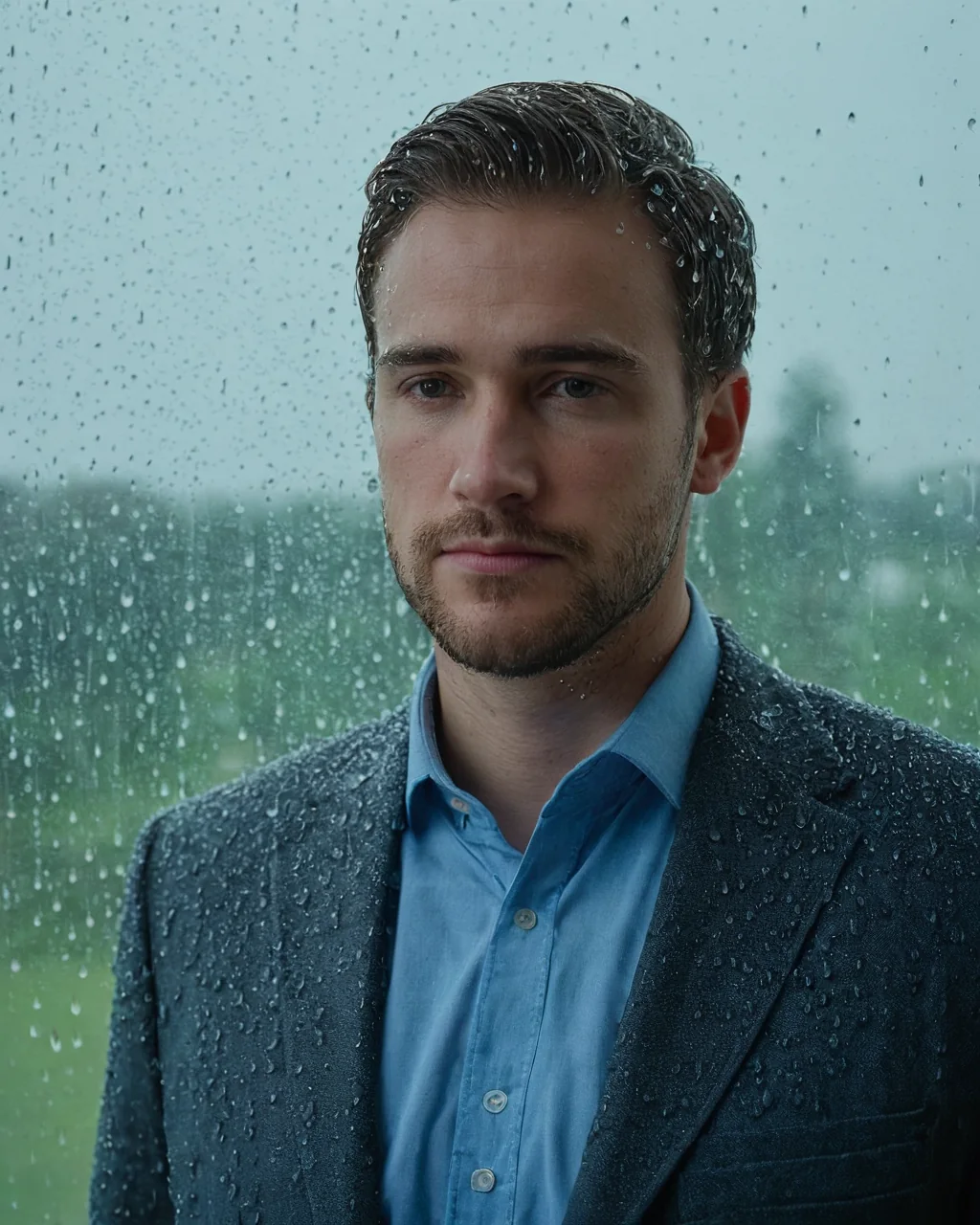 Man in blue shirt and dark suit standing by rain-streaked window with wet hair and beard.