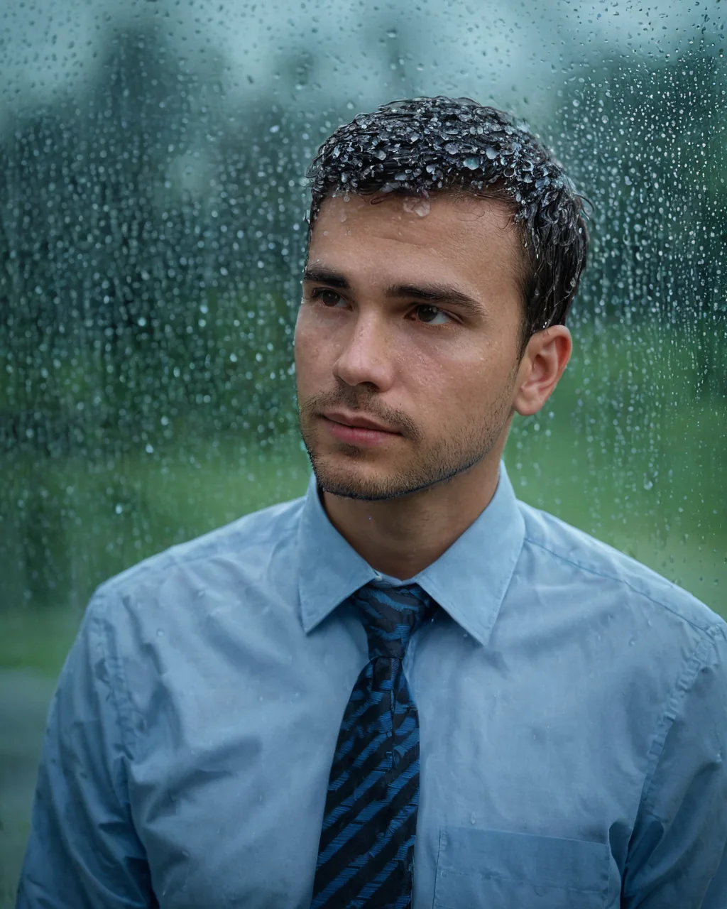Man in blue shirt and tie looking out rain-streaked window with wet hair