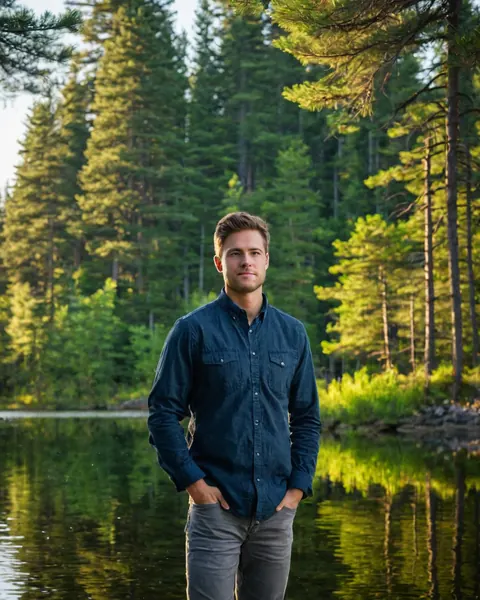 Man in blue shirt standing by lake with pine trees and sunlight
