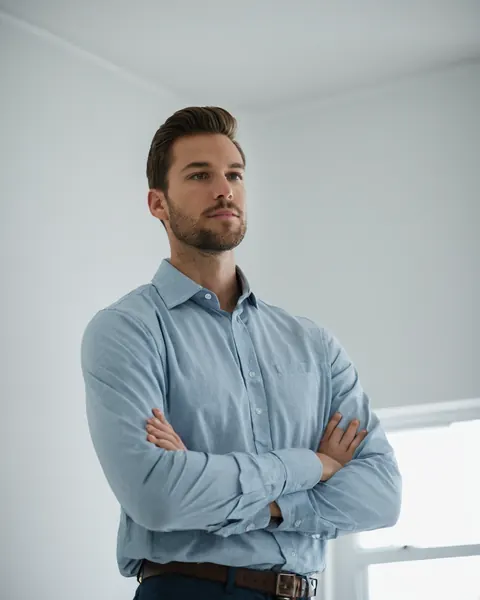 Man in blue shirt with arms crossed standing indoors near window