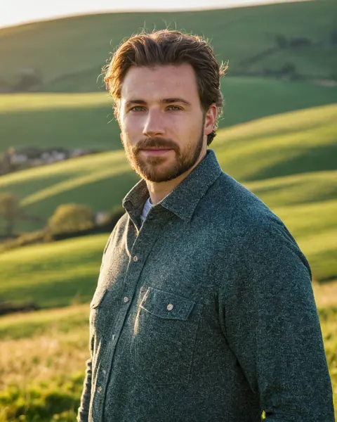 Man with beard wearing green shirt standing in sunlit field with rolling green hills behind him