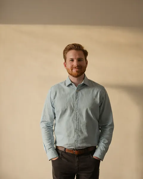 Man with red hair and beard wearing light blue shirt and brown belt standing against beige wall