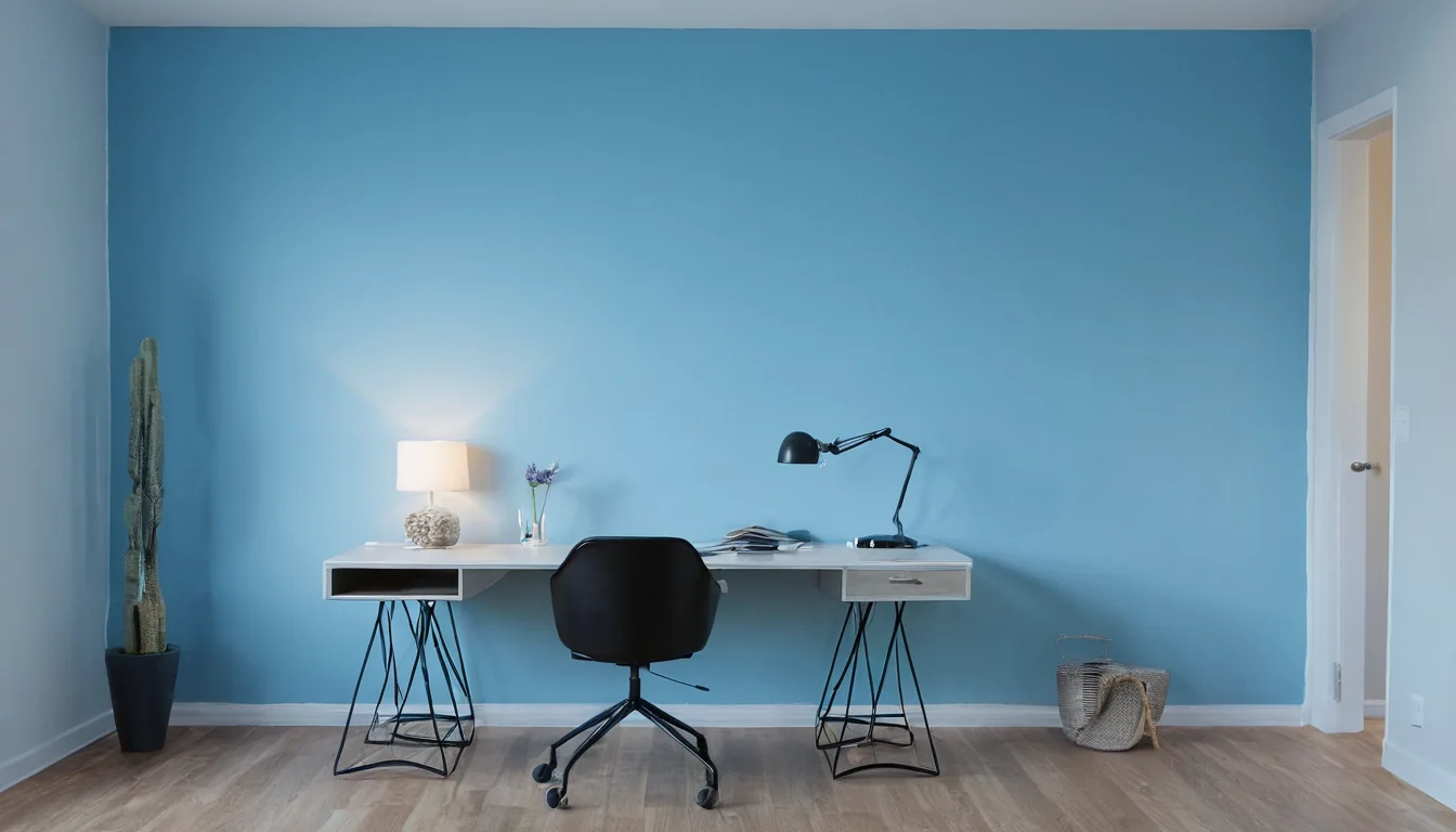 Minimalist home office with white desk black chair and blue walls