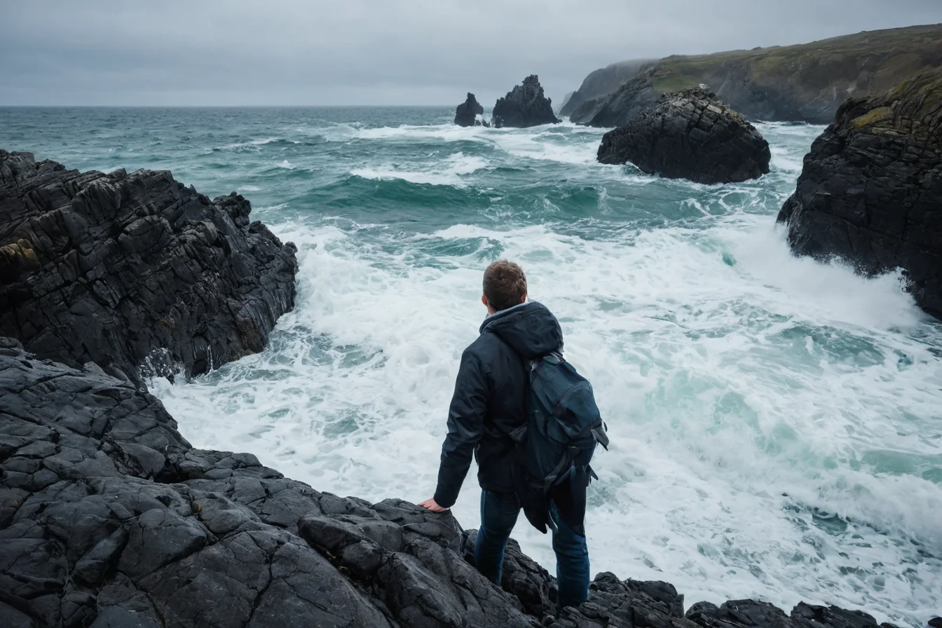 Person in dark jacket and backpack standing on rocky cliff edge watching crashing ocean waves.