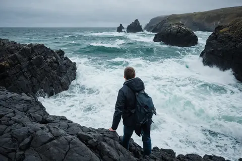 Person in dark jacket and backpack standing on rocky cliff edge watching crashing ocean waves.