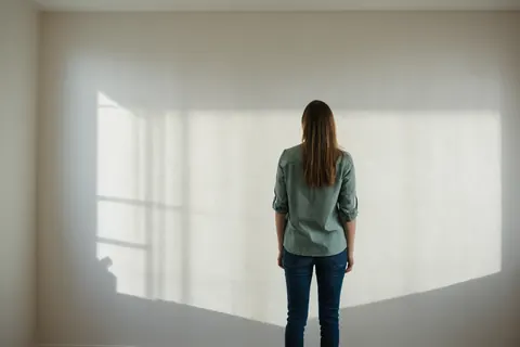Person standing with back to camera in sunlit room casting long shadow on wall
