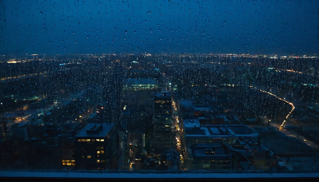 Raindrops on a window frame a glowing city at night with snow on rooftops.