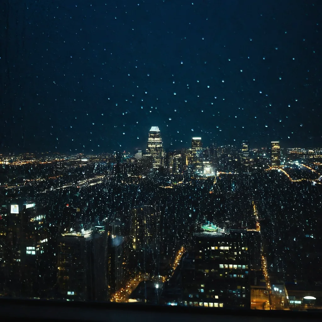 Raindrops on a window overlooking a brightly lit city at night